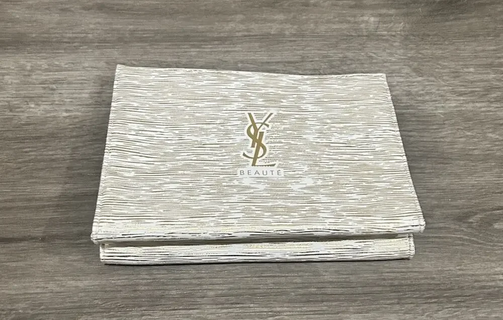 YSL Beauté White Gold Textured Cosmetic Makeup Pouch Magnetic Clutch 8.5” x 6”